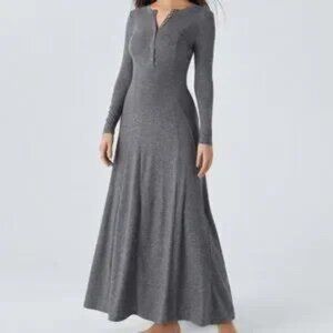 HALARA Round Neck Button Long Sleeve Flare Maxi Dress Darl Gray Floral Yarn